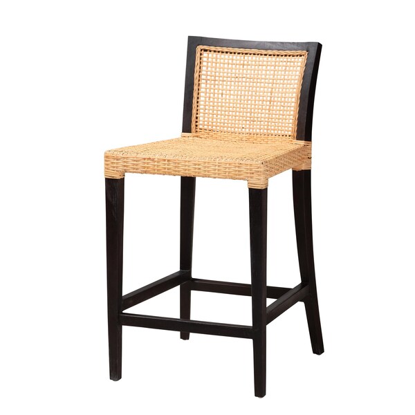 Baxton Studio Lingga Modern Bohemian Dark Brown Mahogany Wood and Natural Rattan Counter Stool 233-13139-ZORO - main
